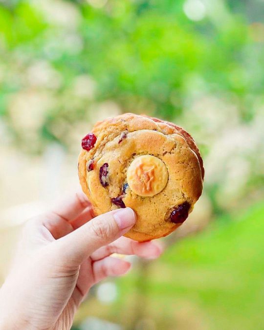 a white chocolate and cranberry cookie from Ben's cookies