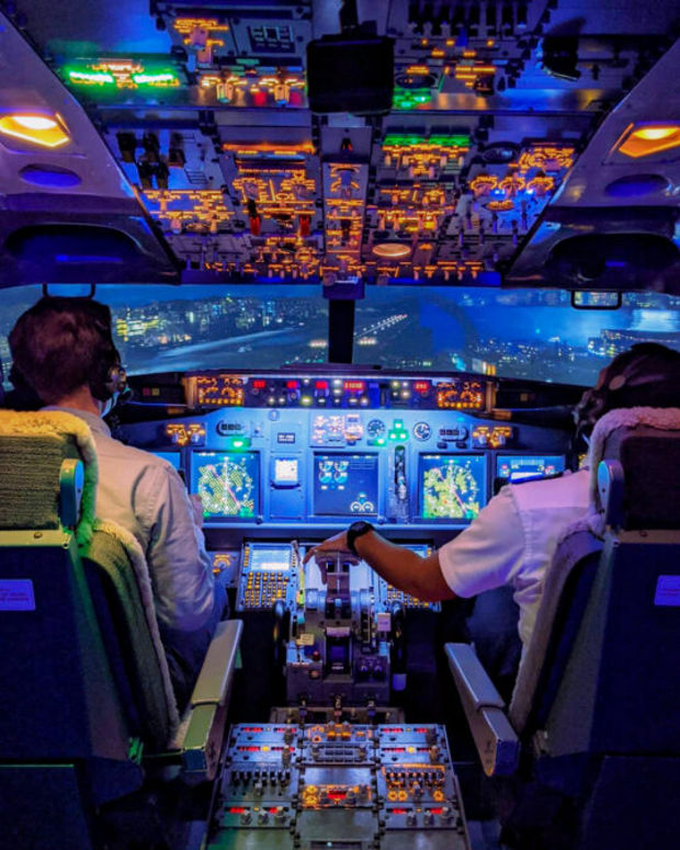 in the cockpit of a flight simulator