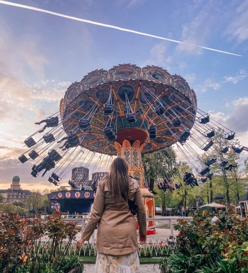 the view of the swing carousel at Tivoli Gardens in Copenhagen