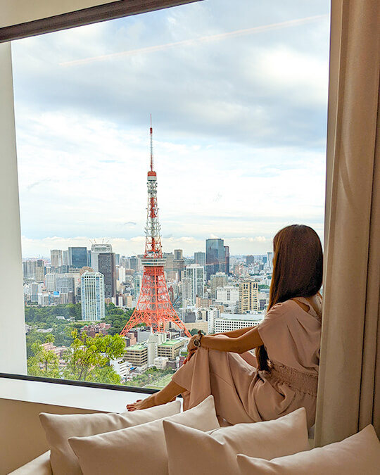 the view of Tokyo Tower from the Kengo Kuma-designed Tokyo Toranomon EDITION hotel