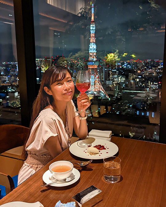 enjoy a glass of wine at The Blue Room restaurant, with a view of Tokyo Bay and the Tokyo Tower