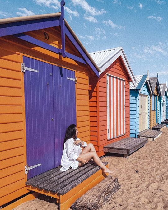 a road trip visit to Brighton's beach colourful bathing boxes