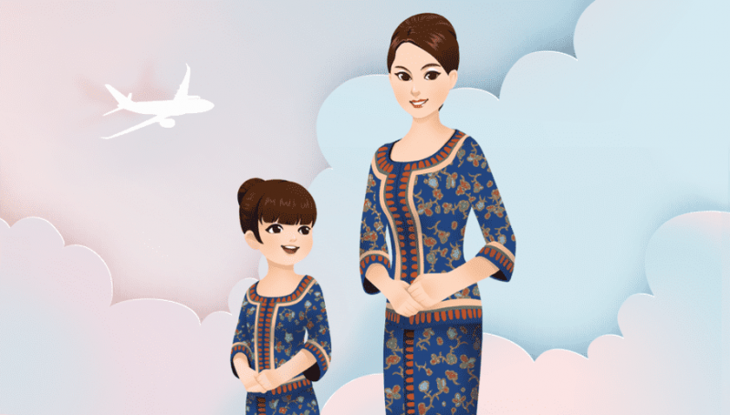 illustration of a girl and a woman dressed up as Singapore Airlines cabin crew