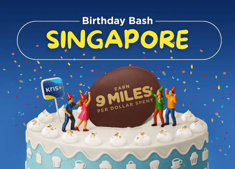 Birthday Bash Singapore banner with cake illustration and text ‘9 miles per $1 spend’, festive design with stars and balloons