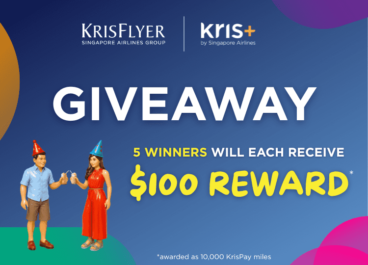 KrisFlyer Kris+ giveaway banner announcing $100 reward for 5 winners, featuring illustrated characters and bold text