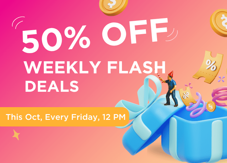 Promotional banner showing 50% off weekly flash deals with gift box and coins, text reads ‘This Oct, Every Friday, 12 PM’